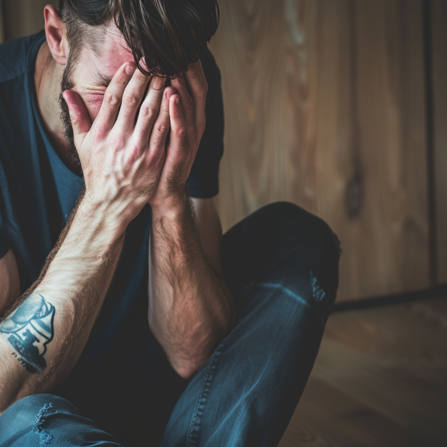 A man crying while sitting on the floor | Source: Midjourney