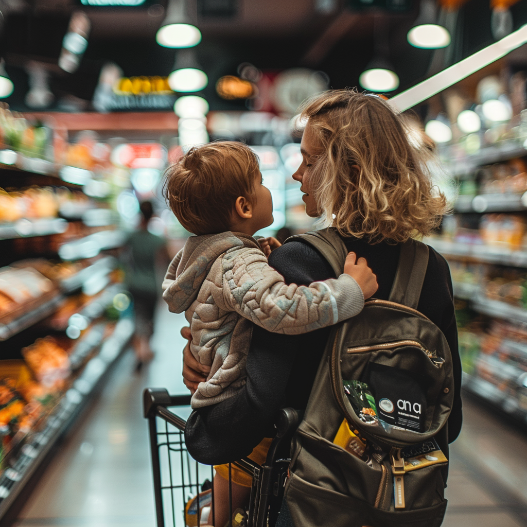 William's mother carrying him while shopping in a supermarket | Source: Midjourney