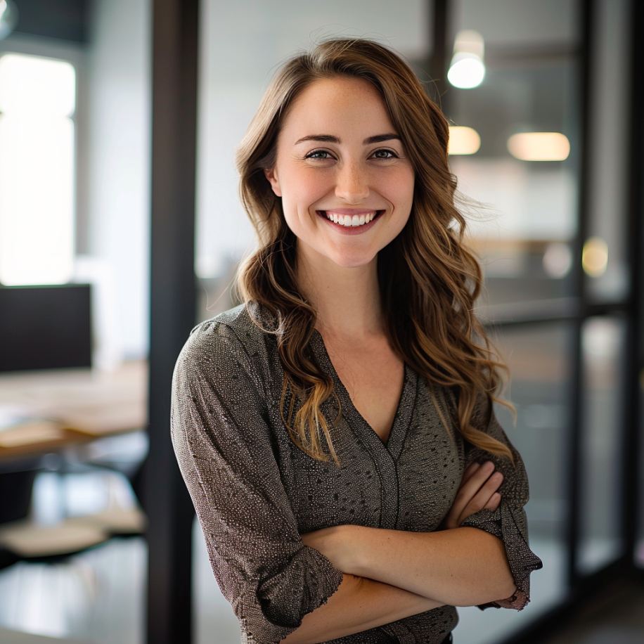 A smiling woman standing in an office setting | Source: Midjourney