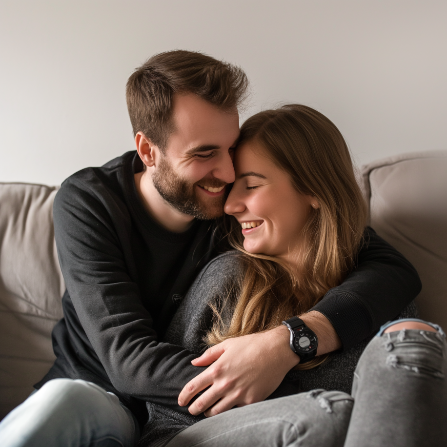 A loving couple cuddling while sitting on the couch | Source: Midjourney