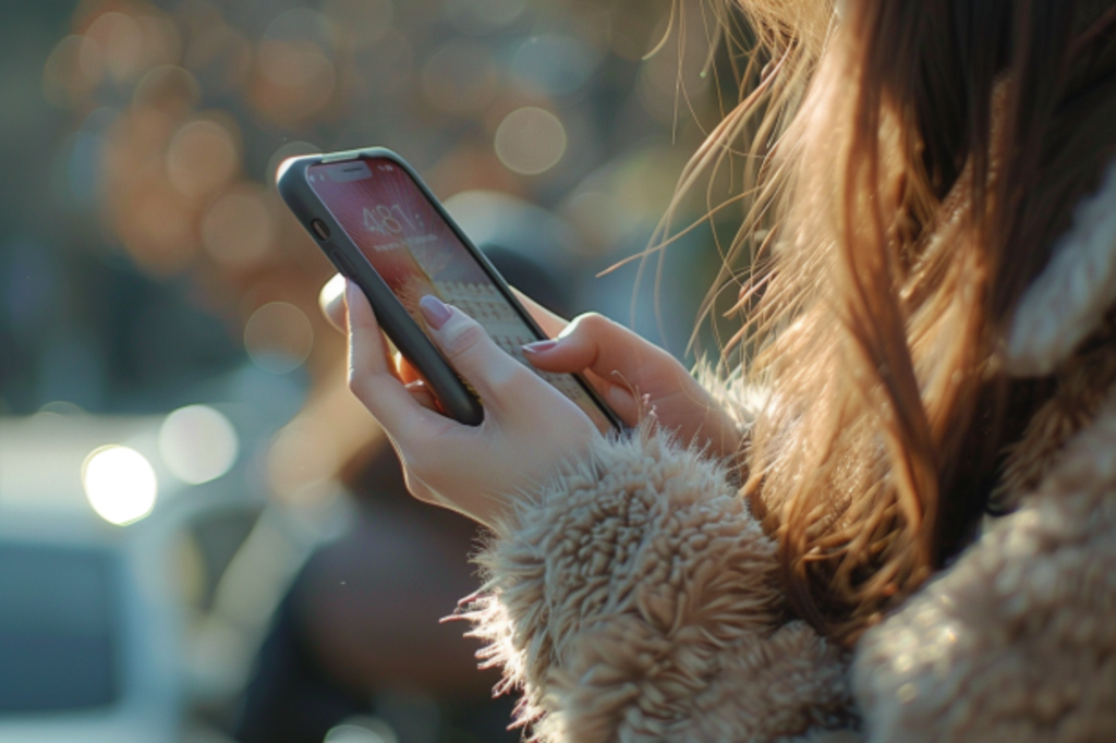 A young woman holding a smartphone | Source: Midjourney