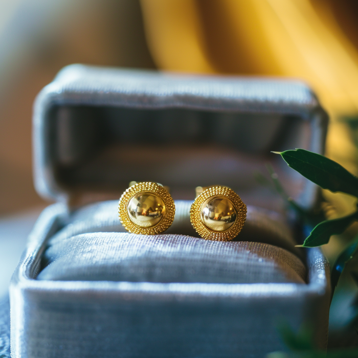 A pair of earrings in a small blue box | Source: Midjourney