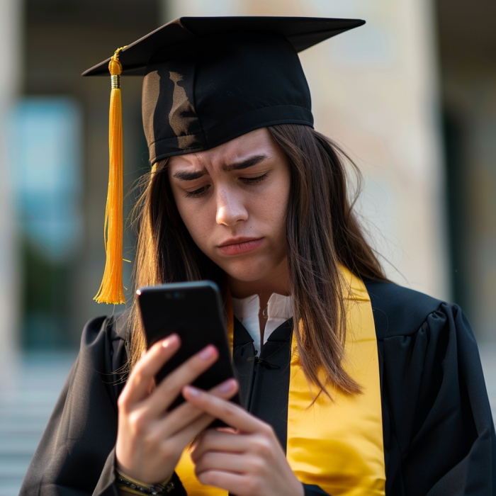 A young woman in a graduation gown checking her mobile phone | Source: Midjourney